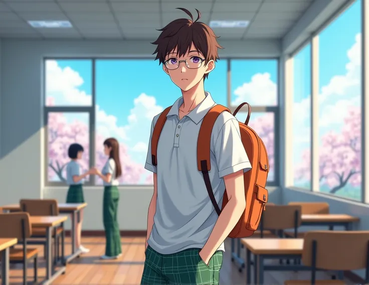 A 19 year old anime style white skinned man, anime style To Love Ru, Walking inside a classroom with few students around wearing the same uniform inside a white school with wooden floor in Tokyo, The treetops are reflected in the windows, cherry blossoms i...