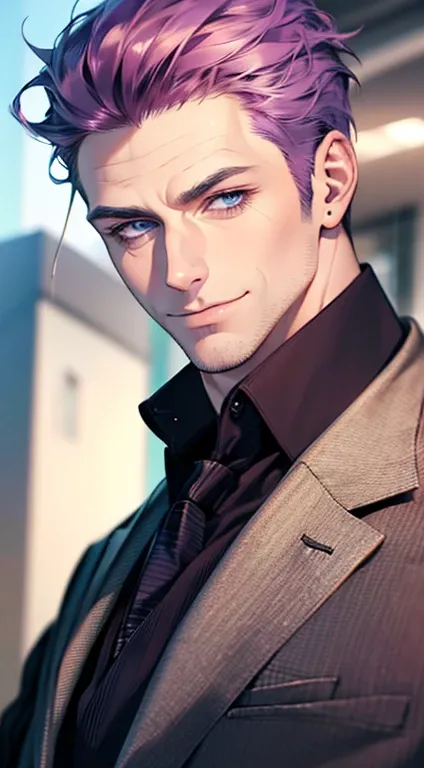 (best quality,4k,8k,highres,masterpiece:1.2),ultra-detailed,(realistic,photorealistic,photo-realistic:1.37),1 man,3,mature man,very handsome,without expression,smile,short purple hair,blue eyes,penetrating gaze,perfect face without errors,imposing posture,...