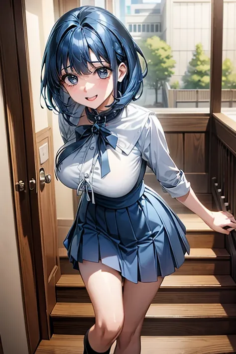 Best Quality、High resolution、Photorealistic、Big Breasts、Tight waist、Stylish body、No frame splitting、((White Uniform:1.5、Four vertical ribbons on the collar、Blue mini skirt))、((Blue Hair:1.5))、Cute smile、The landing of the emergency stairs at school、blue sk...