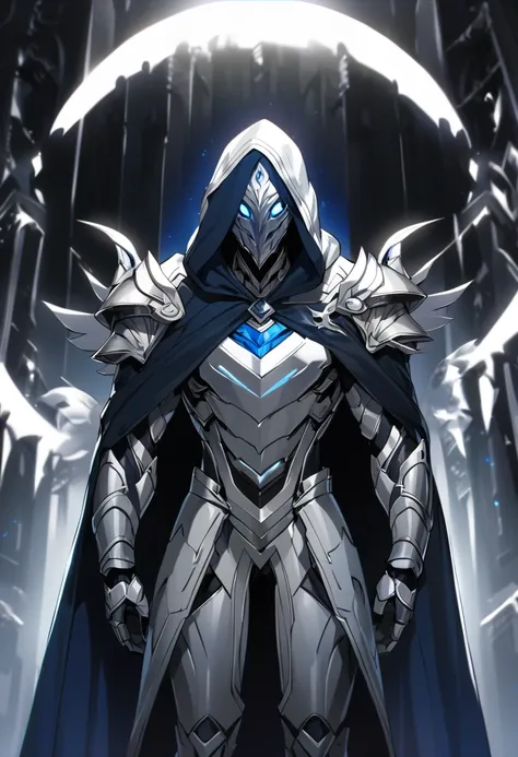 appearance: moon knight appears in white and silver armor, with a dark blue cape, with a hood that partially covers his face, an...