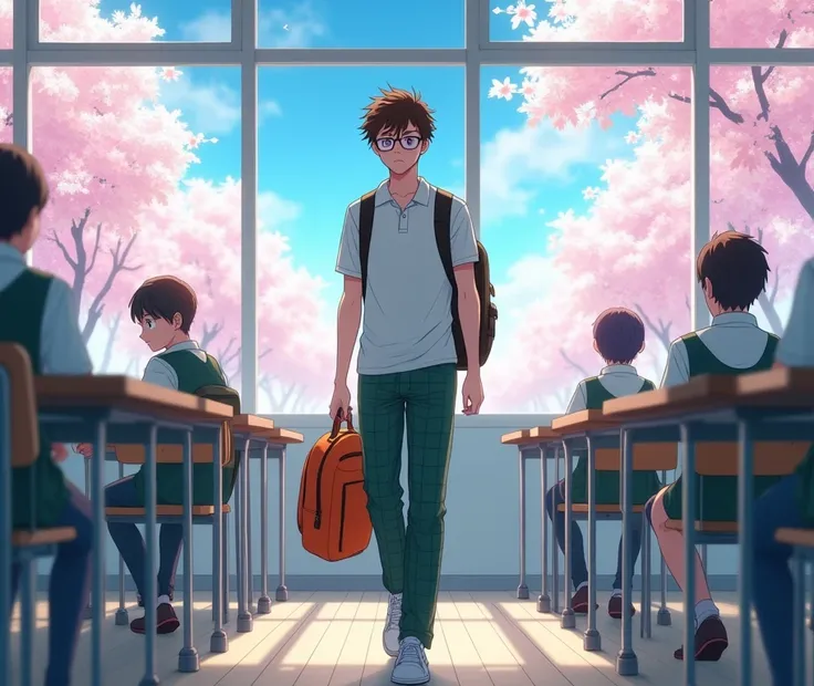 A 19 year old anime style white skinned man, anime style To Love Ru, Walking inside a classroom with few students around wearing the same uniform inside a white school with wooden floor in Tokyo, The treetops are reflected in the windows, cherry blossoms i...