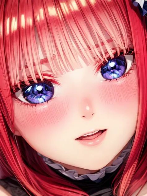 best quality, insanely detailed, gigantic breasts, blush, cheerful eyes, arousal, random background, exposed skin, glossy skin, nipple, pussy, nino nakano, long hair, bangs, blue eyes, pink hair, blunt bangs,close-up