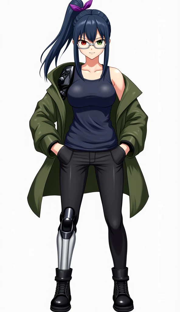 Dark blue high and long ponytail with purple little bow、 different color eyes （Left red、Right olive green） 、wear glasses （silver frame）、whole body義肢、Dark blue Tank-Top、black trousers、Wearing a military green coat、Black leather shoes、anime style、whole body、...