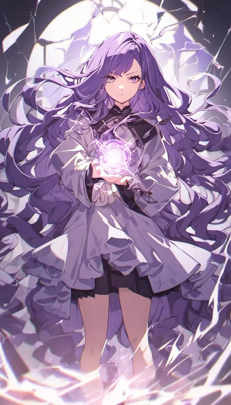 upright, A girl, Solitary, Purple hair, Very long hair, Wavy hair, Side bangs, Broken hair, purple, aesthetic, magic casting, focussed face, fighting stance, standing, Slightly tilt your head