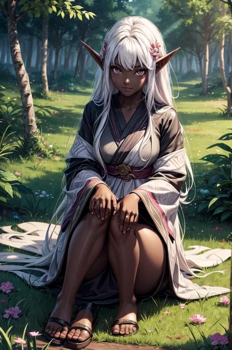  close up:1.2, Women:1.2, back position, , squinting eyes, Satisfied smile, small bust 1:1, white&pink long hair, the best definition, Anime style image, high definition, good quality, anime character, dark elf, teenage elf 18 yeats old, slanted eyes, Sens...