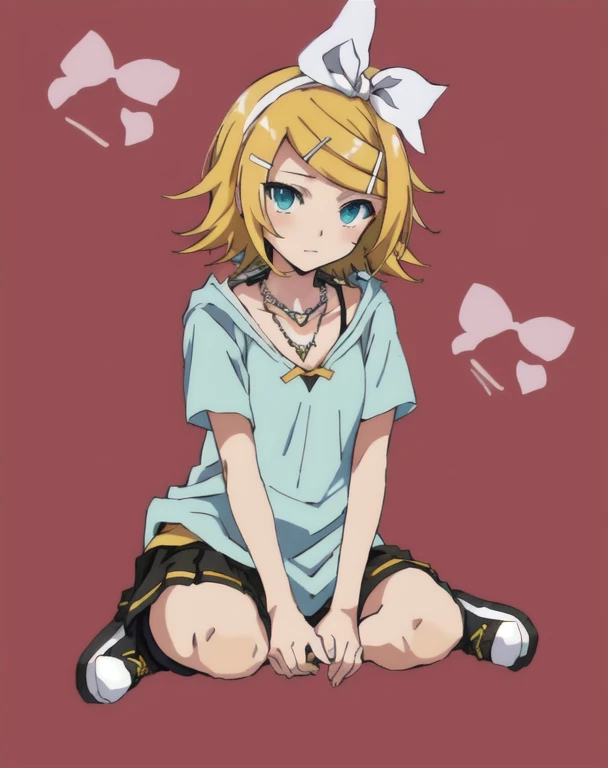 anime girl sitting on the ground with a necklace on her neck, anime style”, kagamine rin, by Ei-Q, inime style, anime style character, full body portrait of a short!, in anime style, the anime girl is crouching, relaxed pose, rei hiroe, short curly blonde ...