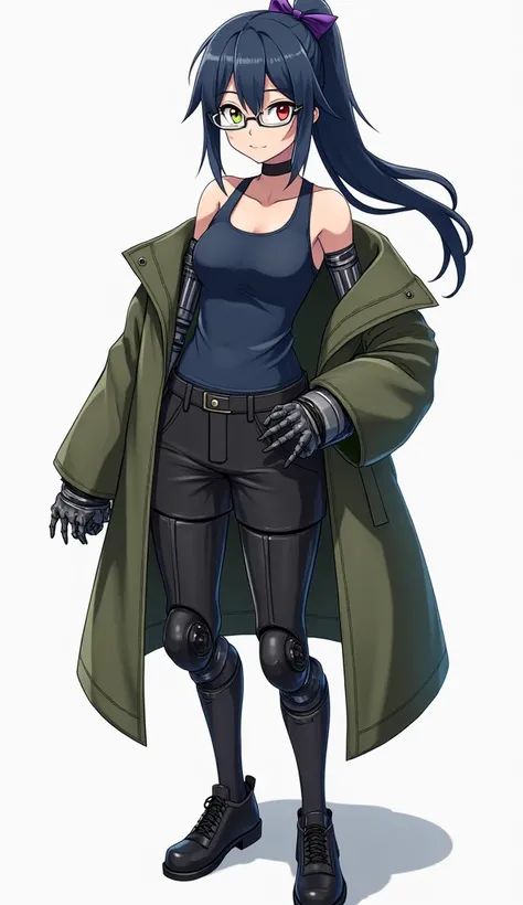 Dark blue high and long ponytail with purple little bow、 different color eyes （Left red、Right olive green） 、wear glasses （silver frame）、whole body義肢、Dark blue Tank-Top、black trousers、Wearing a military green coat、Black leather shoes、anime style、whole body、...