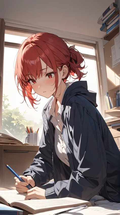 One Girl、Serious expression、Short Red Hair、Studying on the bed、Concentrated eyes BREAK Bright room、(Natural Light):1.4、There are textbooks and notebooks on the desk.、Tense atmosphere BREAK Documents spread out on the bed、Study materials around you、The Fate...