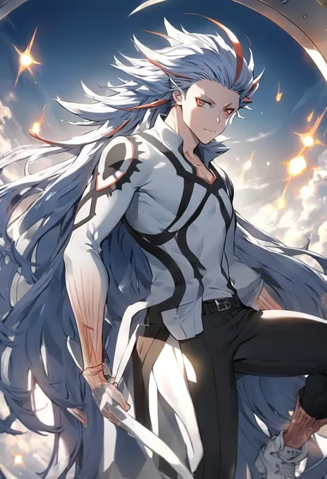 Clouds appearance would be adapted to the visual style of Bleach, with a typical shinigami outfit, consisting of a black haori with the symbol of his division on the back, a white shirt, black pants, boots and leather gloves. His spiky hair would remain as...