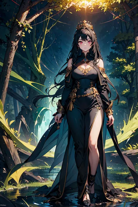 (((masterpiece, best quality, high detailed, 16k))) (1girl) A strikingly beautiful woman with long, flowing black hair that cascades over a black and gold gown. Her pale skin contrasts with the fiery glow of the Underworld that surrounds her. She wears a c...