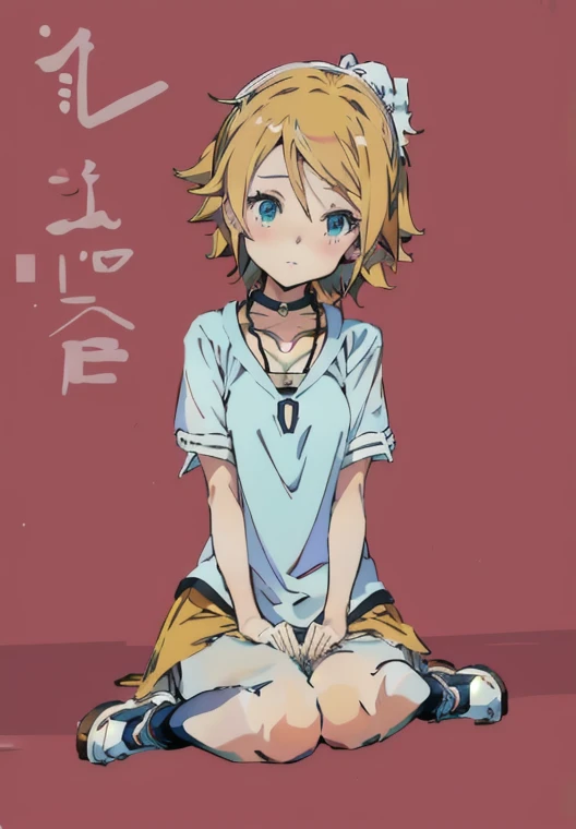 anime girl sitting on the ground with a necklace on her neck, anime style”, kagamine rin, by Ei-Q, inime style, anime style character, full body portrait of a short!, in anime style, the anime girl is crouching, relaxed pose, rei hiroe, short curly blonde ...