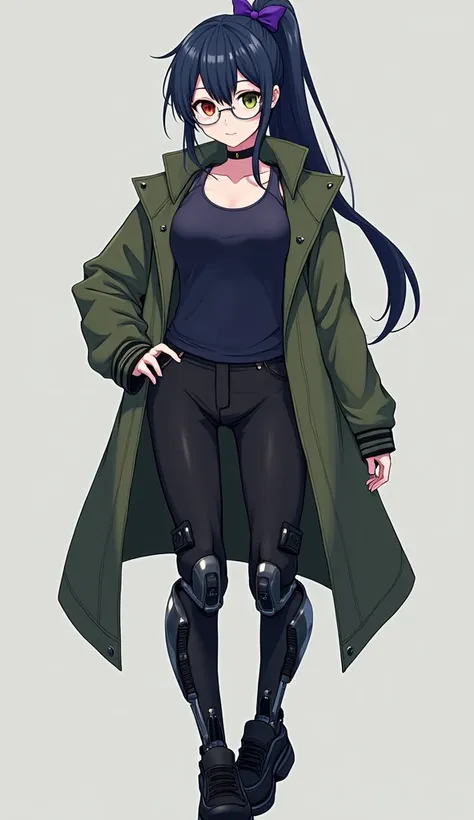 Dark blue high and long ponytail with purple little bow、 different color eyes （Left red、Right olive green） 、wear glasses （silver frame）、whole body義肢、Dark blue Tank-Top、black trousers、Wearing a military green coat、Black leather shoes、anime style、whole body、...