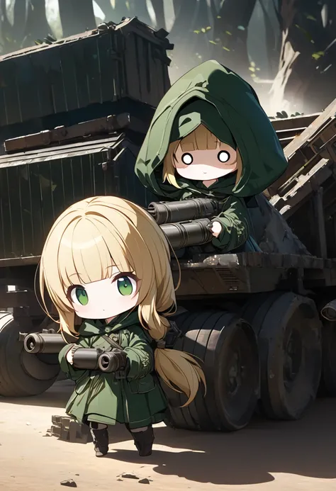 cute chibi character girl, grenade launchers in both hands, blonde low ponytail, blunt bangs, cute big round eyes, wearing green military uniform, dark green hooded cloak robe, background wilderness, rusty freight cars, conceptual installation art, various...