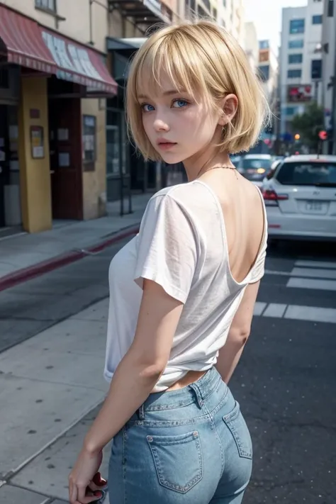 Alone, 1 , Rice, breasts, short hair, fringe, Blonde hair, HD model, high quality, toys, blue eyes, Lips slightly parted, back view, medium shot, Jewel, on the street city style los angeles blurred background clothes short t-shirt and short skinny jeans se...