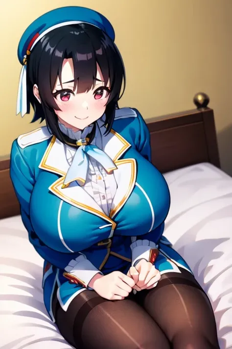 Takao from KanColle、Black bob hair、Beautiful Eyes、Busty、Huge and bouncy breasts、Blushed cheeks、smile、hat、tights、Sitting on bed in bedroom。The art style is、Must resemble a glamorous anime style。

Regarding image quality、（Best Quality、4K、8k、High resolution、m...