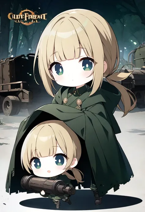 cute chibi character girl, grenade launchers in both hands, blonde low ponytail, blunt bangs, cute big round eyes, wearing green military uniform, dark green hooded cloak robe, helmet, background wilderness, rusty freight cars, conceptual installation art,...