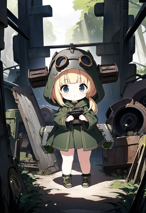 cute chibi character girl, grenade launchers in both hands, blonde low ponytail, blunt bangs, cute big round eyes, wearing green...