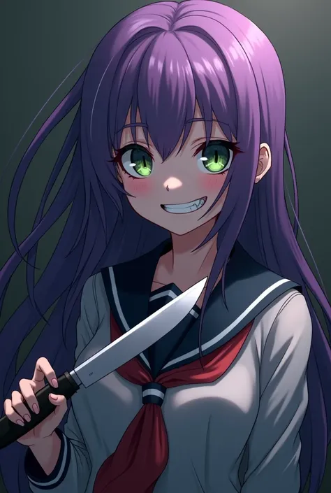 1 girl, Purple hair,School uniform,Anime,Scary smile,Long hair,Green eyes,Holding a knife