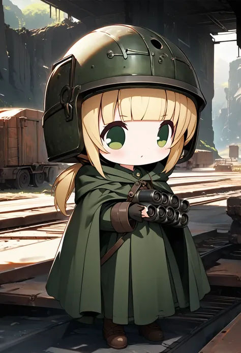 cute chibi character girl, grenade launchers in both hands, blonde low ponytail, blunt bangs, cute big round eyes, wearing green military uniform, dark green hooded cloak robe, helmet, background wilderness, rusty freight cars, conceptual installation art,...