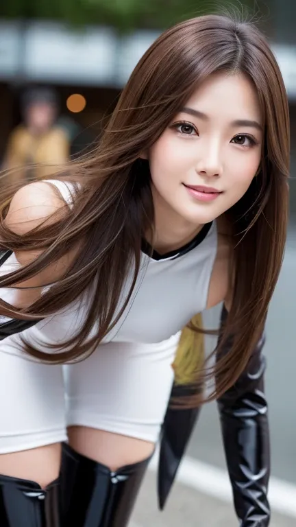 Beautiful woman in a race queen costume、Face close-up Japanese model、Genuine、Latex bodysuit、Knee-high boots、Face close-up、
Huge 、long brown hair、Shiny, Oily skin、Glowing Skin、White skin、Flying debris, Best Quality, Realistic, Very detailed, finely, High re...