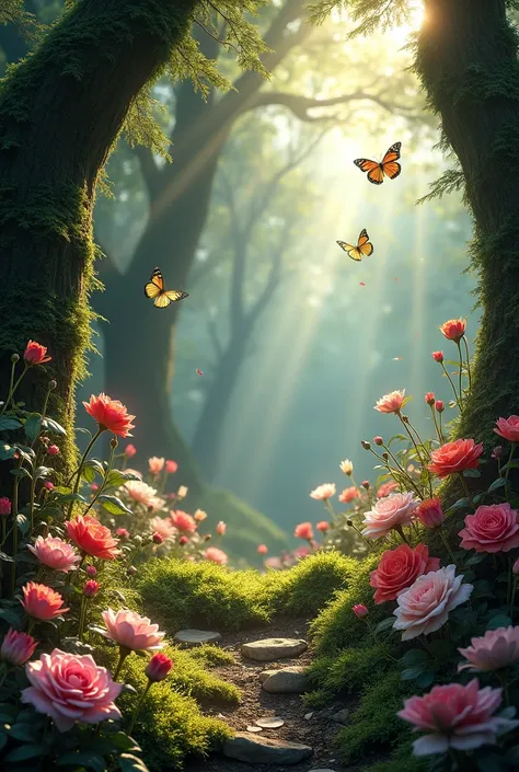 Various flowers and roses together of various types, butterflies in a dark forest with moss on the trees, ray of sunlight entering the treetops, 