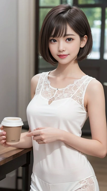 masterpiece，top-quality，Ultra-high resolution，（Realistic photo：1.4），（（girl，White skin：1.4，Looking up at the viewer，Age 19，cute，Adorable，Brunette colored hair，Bob_cut，Short hair bangs）），完璧な体型のgirl，Wide sheer lace top，Cowboy Lens，Coffee on the table，Large，Pu...