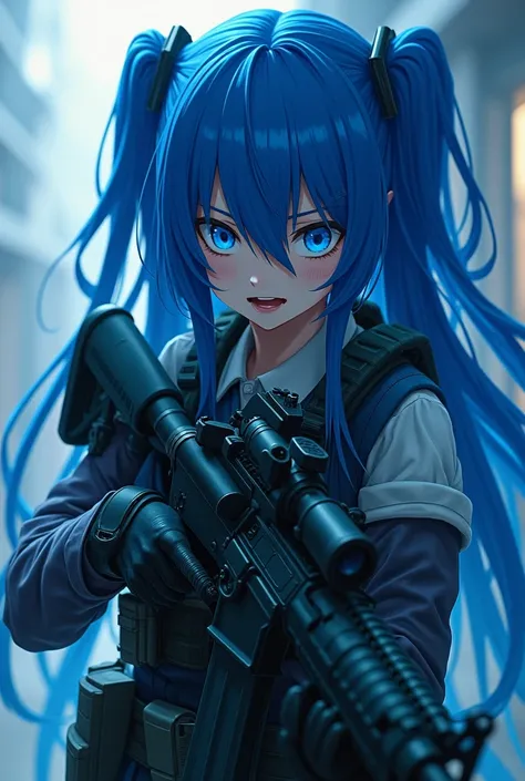 1 girl, Blue hair,School uniform,Anime,Scary smile,Long hair,Blue eyes,Military Armor,Holds an M16 gun.