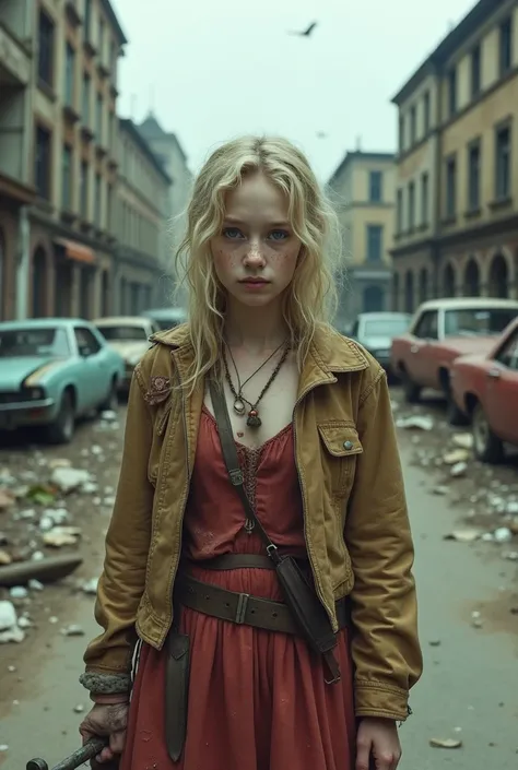 A post-apocalyptic scene, Close-up photography of a teen girl, 16-year-old. Slender build, pale skin, porcelain skin with sun-kissed freckles, piercing blue eyes, sharp cheekbones, a small yet prominent nose, and a softly rounded jawline, blonde hair. A st...