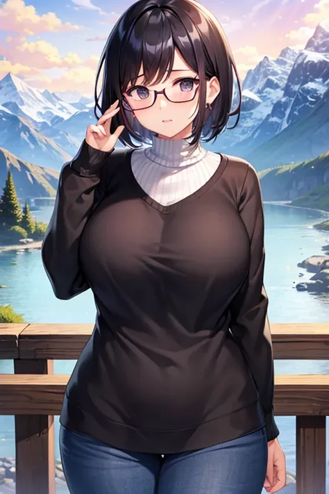 Highest quality、Best Quality、correct、Glasses、Black Hair、Short Hair、Mature Woman、Busty、Chubby、night、In the mountains、Knitted sweater、shame、blush、panic