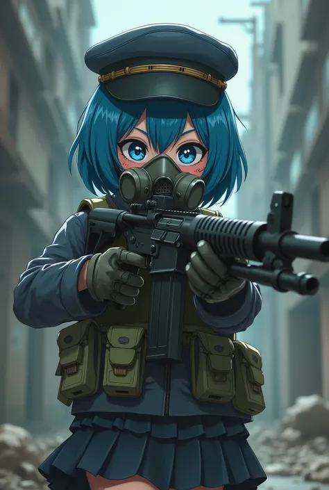 1 girl, Blue hair,School uniform,Anime,Scary smile,Short hair,Blue eyes,Military Armor,Holds an M16 gun.,Military hat,Gas mask