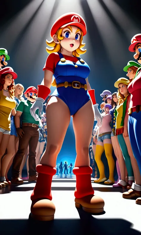 a cute woman in sexy cosplay as video game character mario, low angle view showing full body, lesbian video game convention, crowded convention, extremely detailed, masterpiece, 8k, photo-realistic, vivid colors, dynamic lighting, dramatic shadows, vibrant...