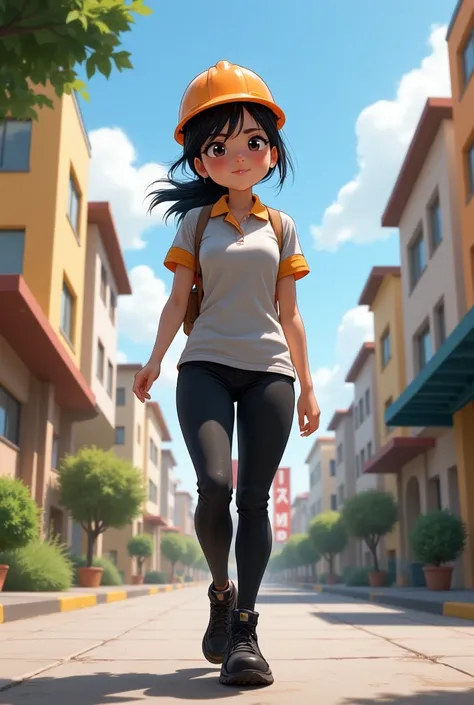 Pixar style poster of young Latina student dressed in black pants and a light grey polo shirt with orange collar and sleeves, black shoes. Walking to "INED" school wearing an electricians helmet.