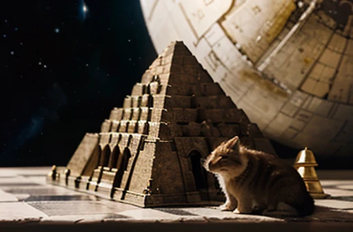 An animal on a chessboard in front of a pyramid in space-time 