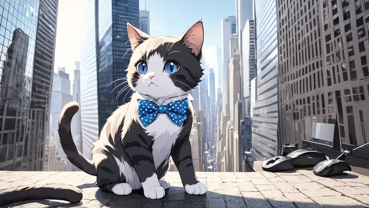 a chic cat, the cat's pattern is black and gray stripes, wearing a blue and white polka dot bow tie, animal faces, anime style, ...