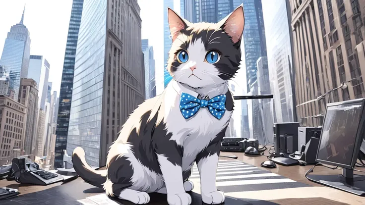 a chic cat, the cat's pattern is black and gray stripes, wearing a blue and white polka dot bow tie, animal faces, anime style, ...