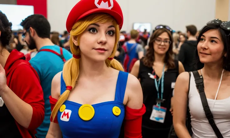 A cute woman in sexy cosplay as video game mario at a lesbian video game convention, view from low angle show all of mario, crowded convention