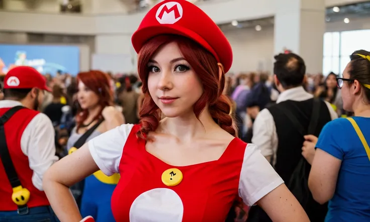 A cute woman in sexy cosplay as video game mario at a lesbian video game convention, view from low angle show all of mario, crowded convention