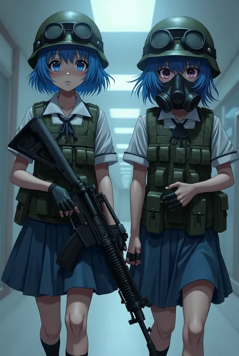 2 girls, Blue hair,School uniform,Anime,Scary smile,Short hair,Blue eyes,Military Armor,Holds an M16 gun.,Military helmet,Gas mask,walk