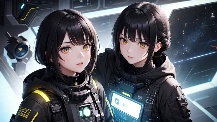 from future intelligence, technology background, complex mission, sudden mystery, unexpected result, confident look, space black pioneer dress, yellow eyes, black hair