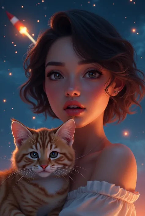 Beautiful woman face, short brown hair, flirtatious makeup, with his cat. background of little stars and space rockets. Detail, The best quality, UHD, HD model, 