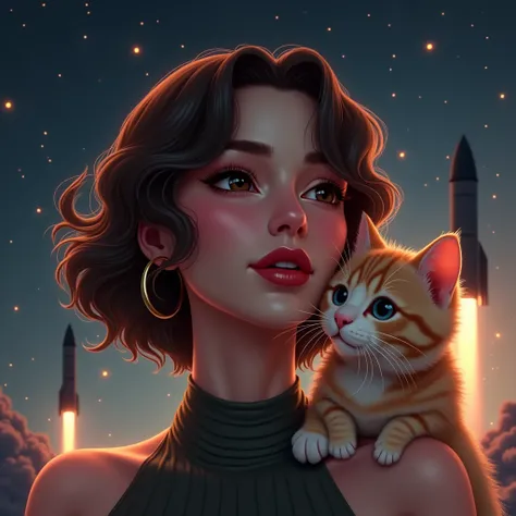 Beautiful woman face, short brown hair, flirtatious makeup, with his cat. background of little stars and space rockets. Detail, The best quality, UHD, HD model, 