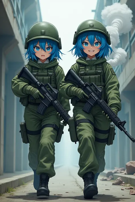 2 girls, Blue hair,Camouflage suit,Anime,Scary smile,Short hair,Blue eyes,Military Armor,Holds an M16 gun.,Military helmet,walk,Smoking