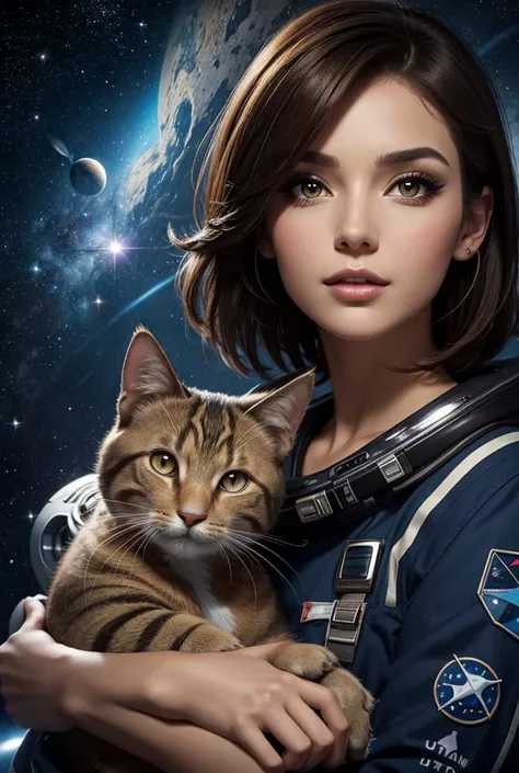 Beautiful woman face, short brown hair, flirtatious makeup, with his cat. background of little stars and space rockets. Detail, The best quality, UHD, HD model, 