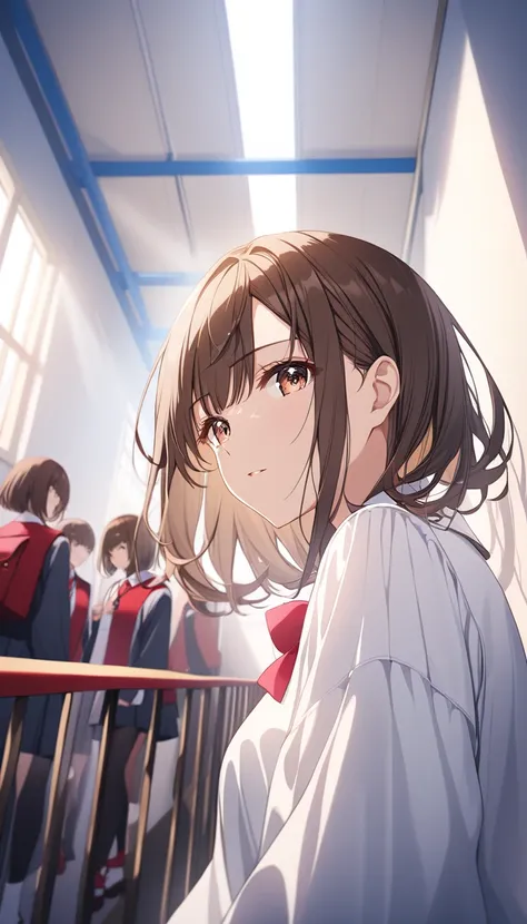 ((Dramatic angle)),japanese highschool girl,look behind,brown bob hair,masterpiece, highest quality,colorful light ,pale paint color