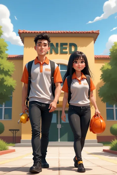 pixar style poster of 2 young latino students (male and female), dressed in black pants and a light grey polo shirt with an oran...