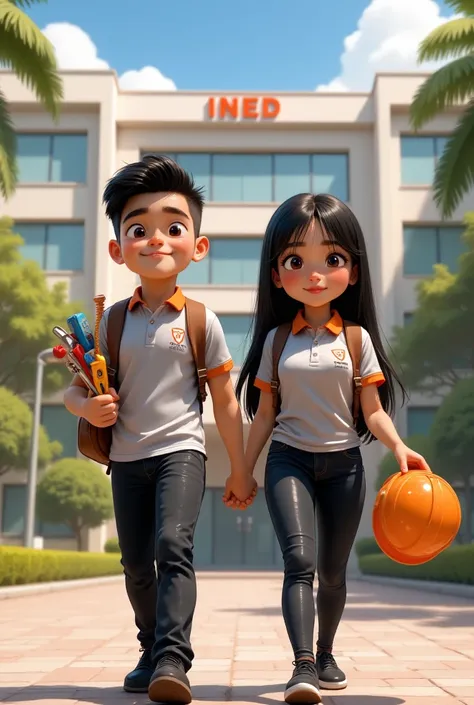 pixar style poster of 2 young latino students (male and female), dressed in black pants and a light grey polo shirt with an oran...