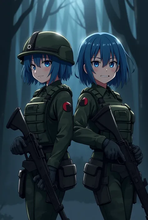 2 girls, Blue hair,Camouflage suit,Anime,Scary smile,Short hair,Blue eyes,Military Armor,AWM gun holder,Military helmet,nighttime,forest,shoot