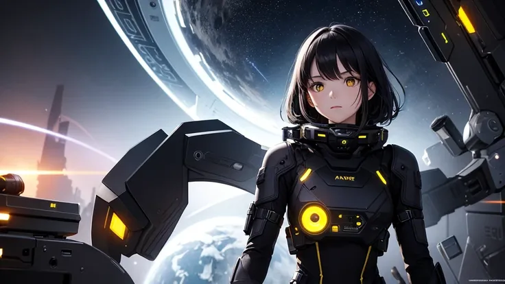 from future intelligence, technology background, complex mission, sudden mystery, unexpected result, confident look, space black pioneer dress, yellow eyes, black hair