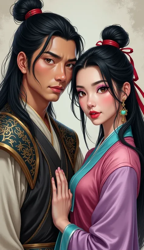 masterpiece artwork in Style of Luis Royo. A close-up portrait of Shang and Mulan. Shang is a tall, muscular Chinese man with tanned skin, dark brown eyes, and shoulder-length black hair tied in a bun adorned with a red clip. His primary appearance has him...