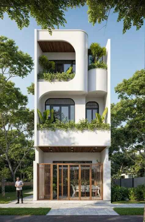 the house has 2 floors and 1 attic with a terrace. tall and narrow with modern design, steel gates and wooden details. the outsi...